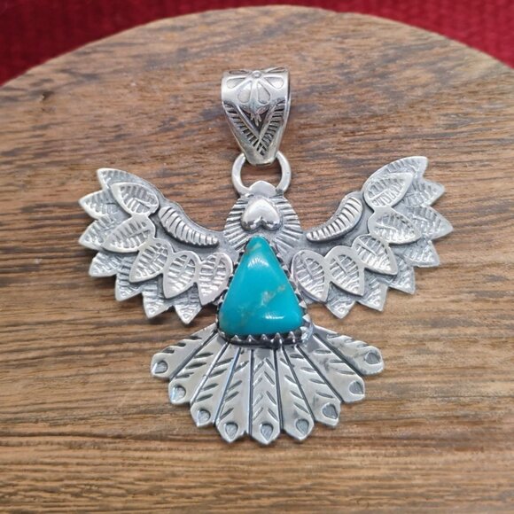 Southwest Unisex Mens Soaring Eagle Pendant Sterling Silver Turquoise - Picture 1 of 8